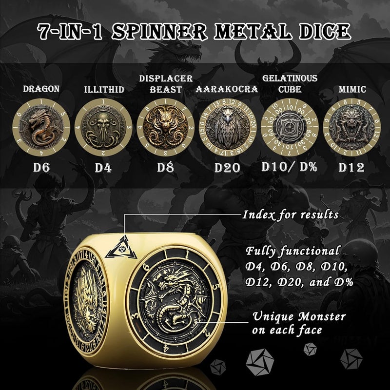 Haxtec Spinner Dice 7-in-1 Metal DND Dice Set Unique Dice DND Gifts Spinner Goblins D&D Die Compatible with Dungeons and Dragons - Image 2